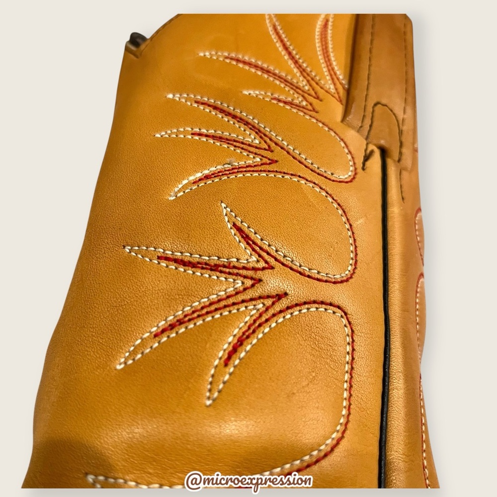 1980s VINTAGE Frye Fire/Flame Banana Yellow Tan Embroidered Cowboy Western Boot - Picture 5 of 13